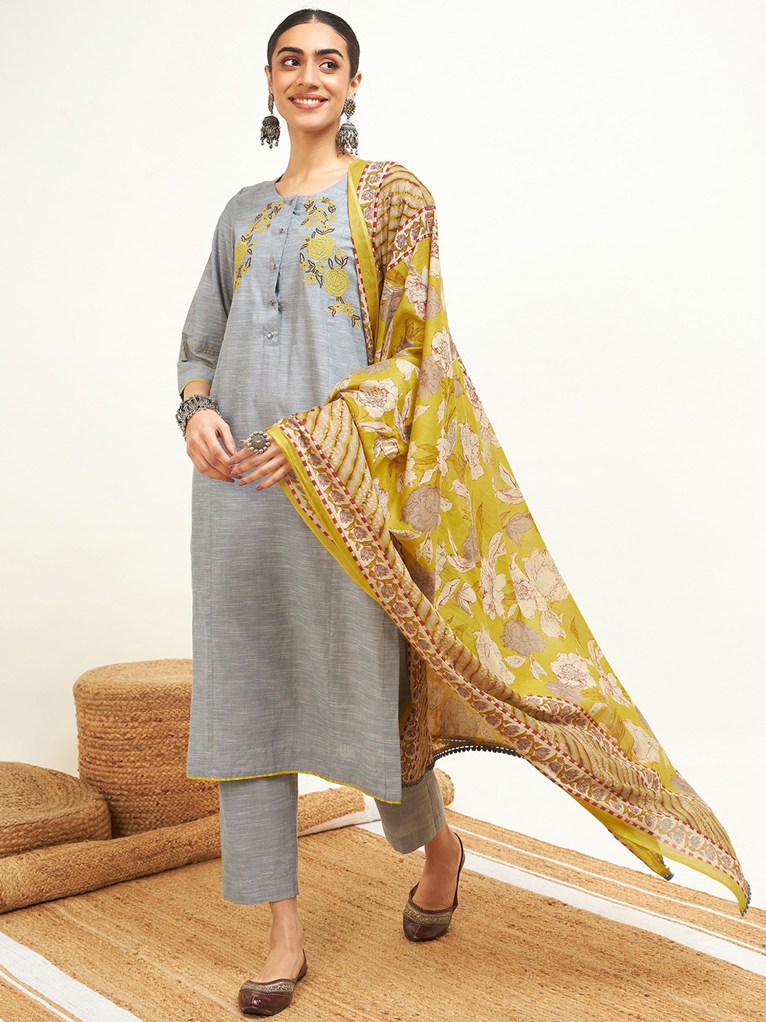

STADO Floral Embroidered Straight Pure Cotton Kurta with Trousers & Dupatta, Grey