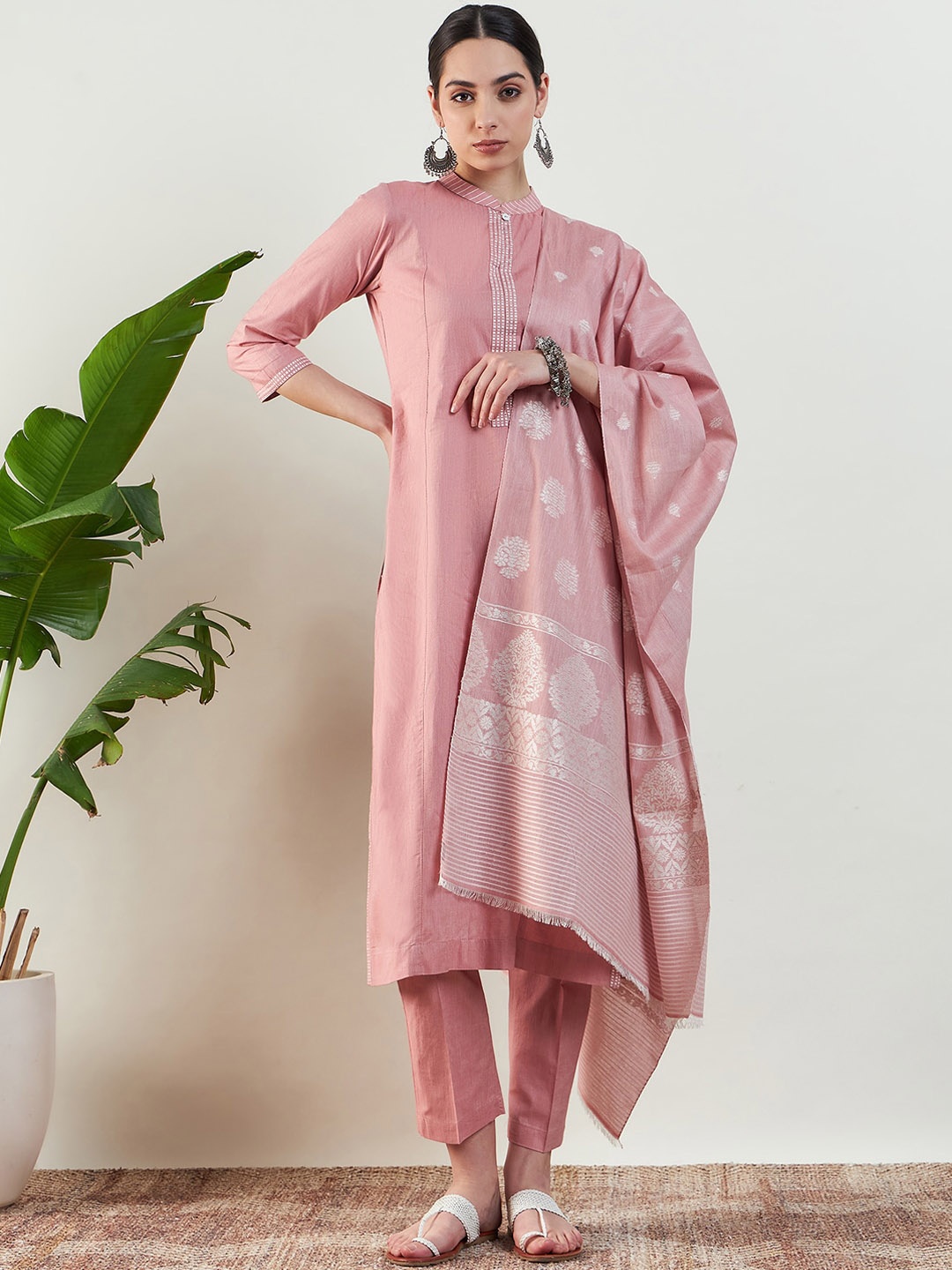 

STADO Yoke Design Straight Pure Cotton Kurta with Trousers & Dupatta, Pink