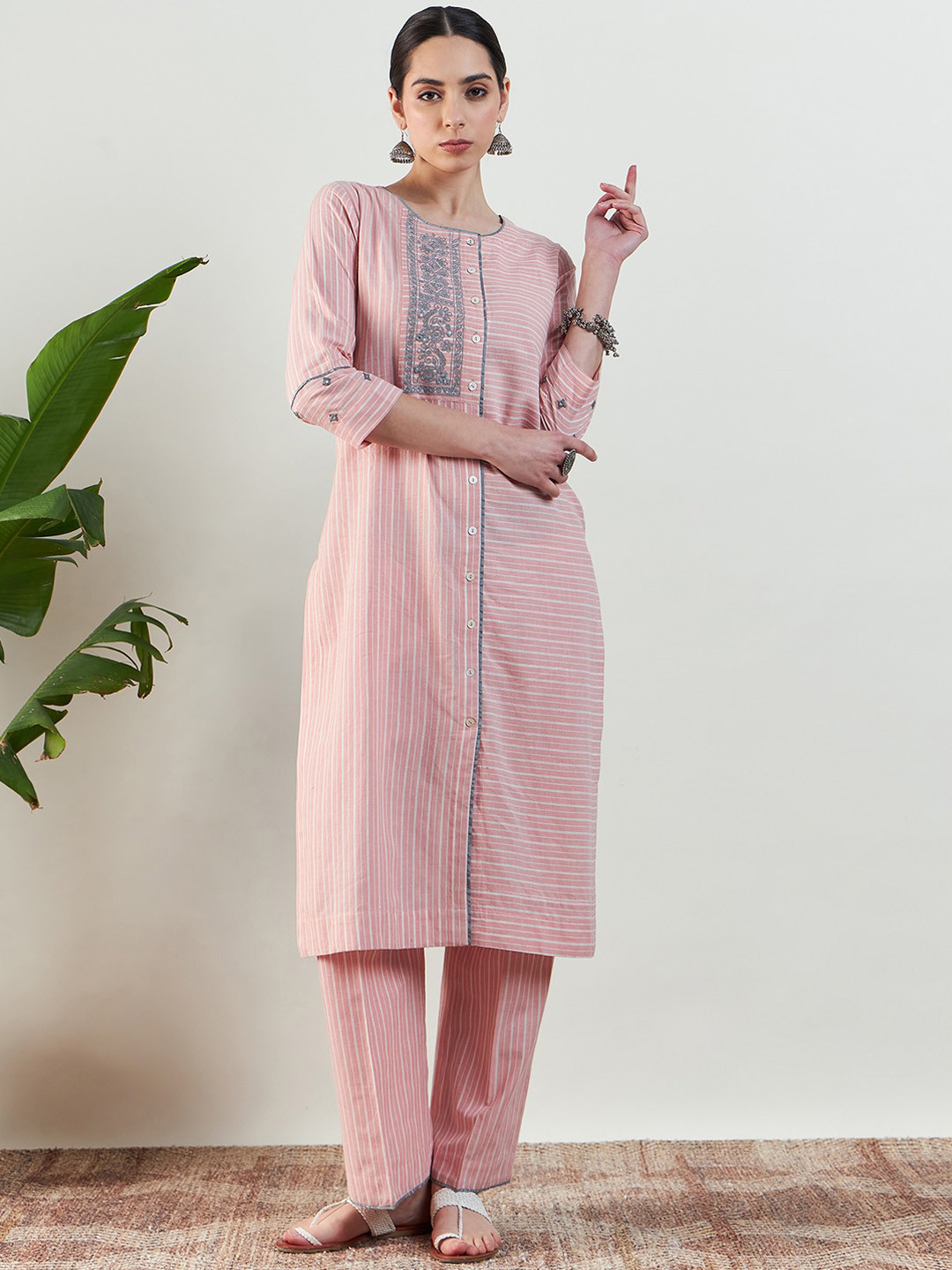 

STADO Striped Straight Thread Work Pure Cotton Kurta with Trousers, Pink