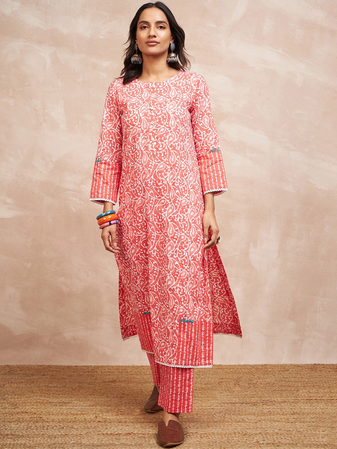 

STADO Ethnic Printed Straight Pure Cotton Kurta with Trousers, Peach