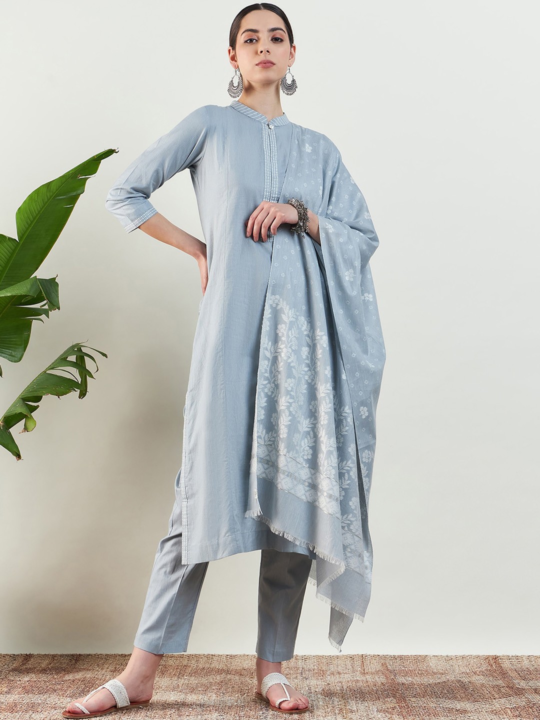 

STADO Yoke Design Pure Cotton Straight Kurta with Trousers & Dupatta, Blue
