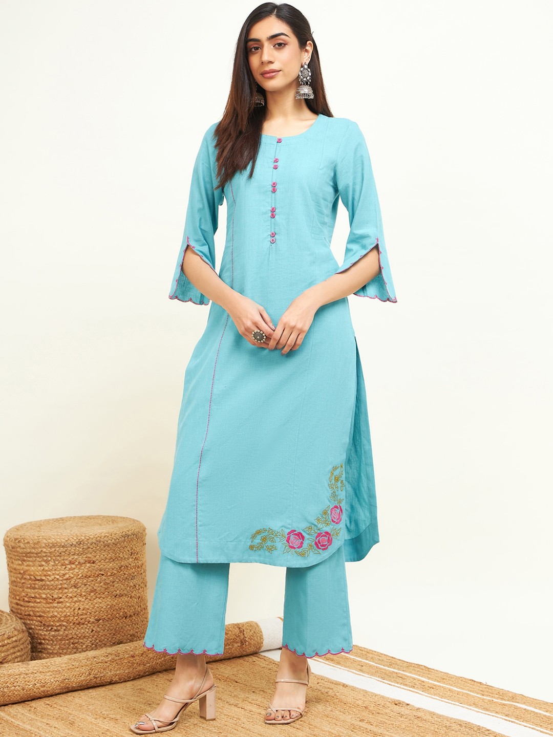 

STADO Ethnic Motifs Embroidered Regular Thread Work Pure Cotton Kurta With Trousers, Blue