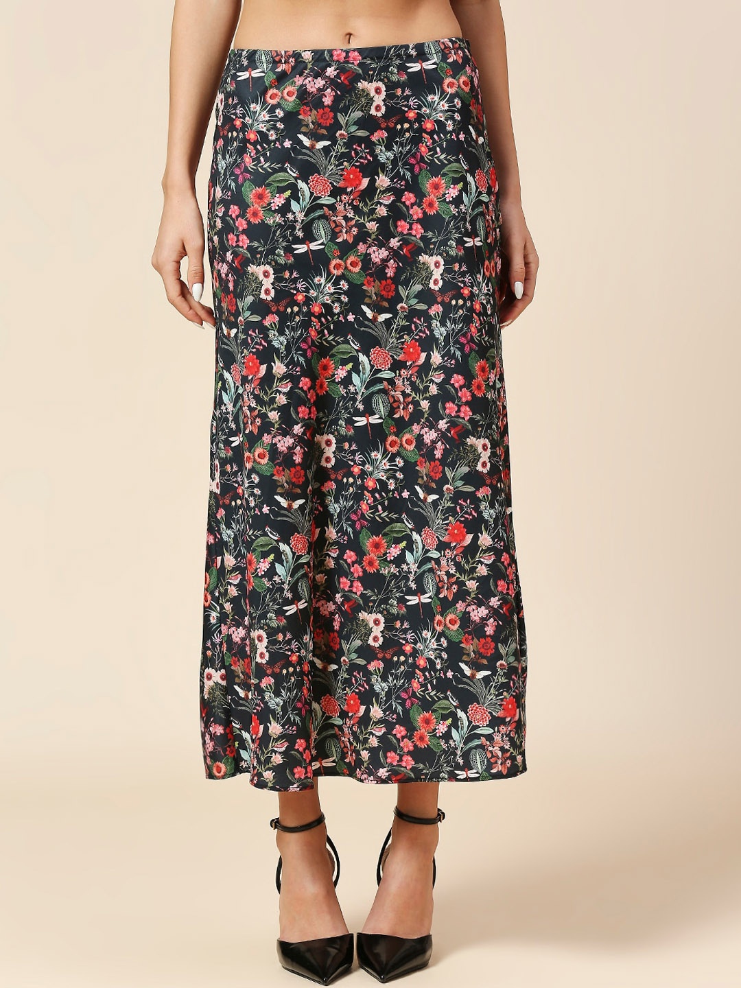 

Chemistry Floral Printed Maxi A-Line Denim Skirt, Black