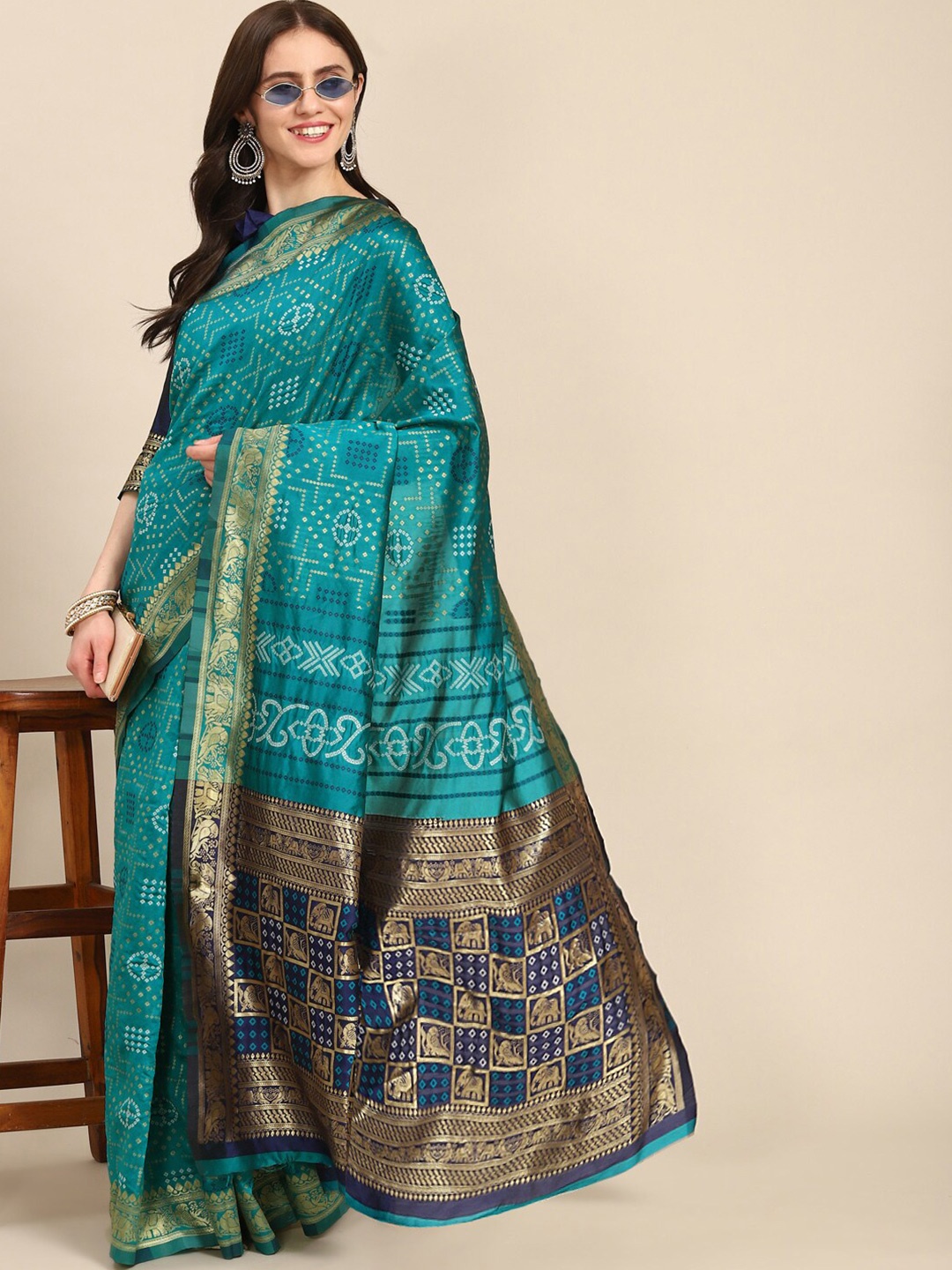 

SERONA FABRICS Bandhani Zari Silk Cotton Banarasi Saree, Blue