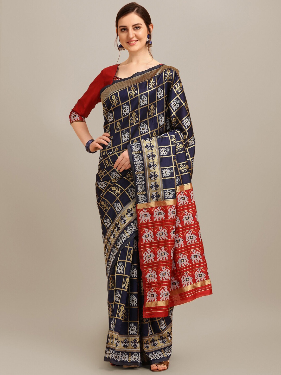 

SERONA FABRICS Checked Woven Design Zari Silk Cotton Banarasi Saree, Blue