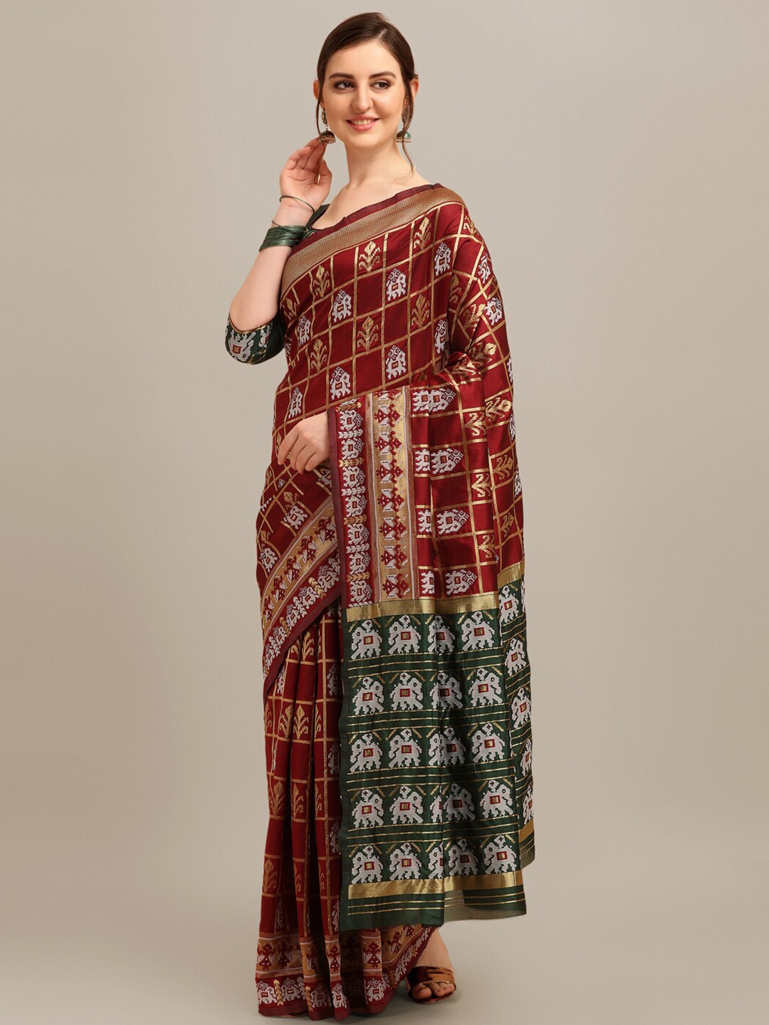 

SERONA FABRICS Ethnic Motifs Zari Silk Cotton Banarasi Saree, Maroon