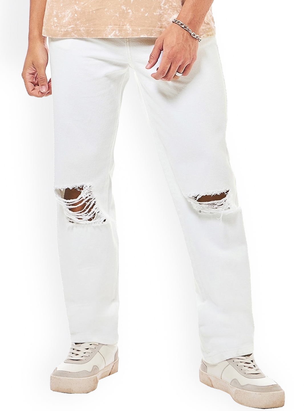 

Bewakoof Men Straight Fit High-Rise Mildly Distressed Cotton Jeans, White