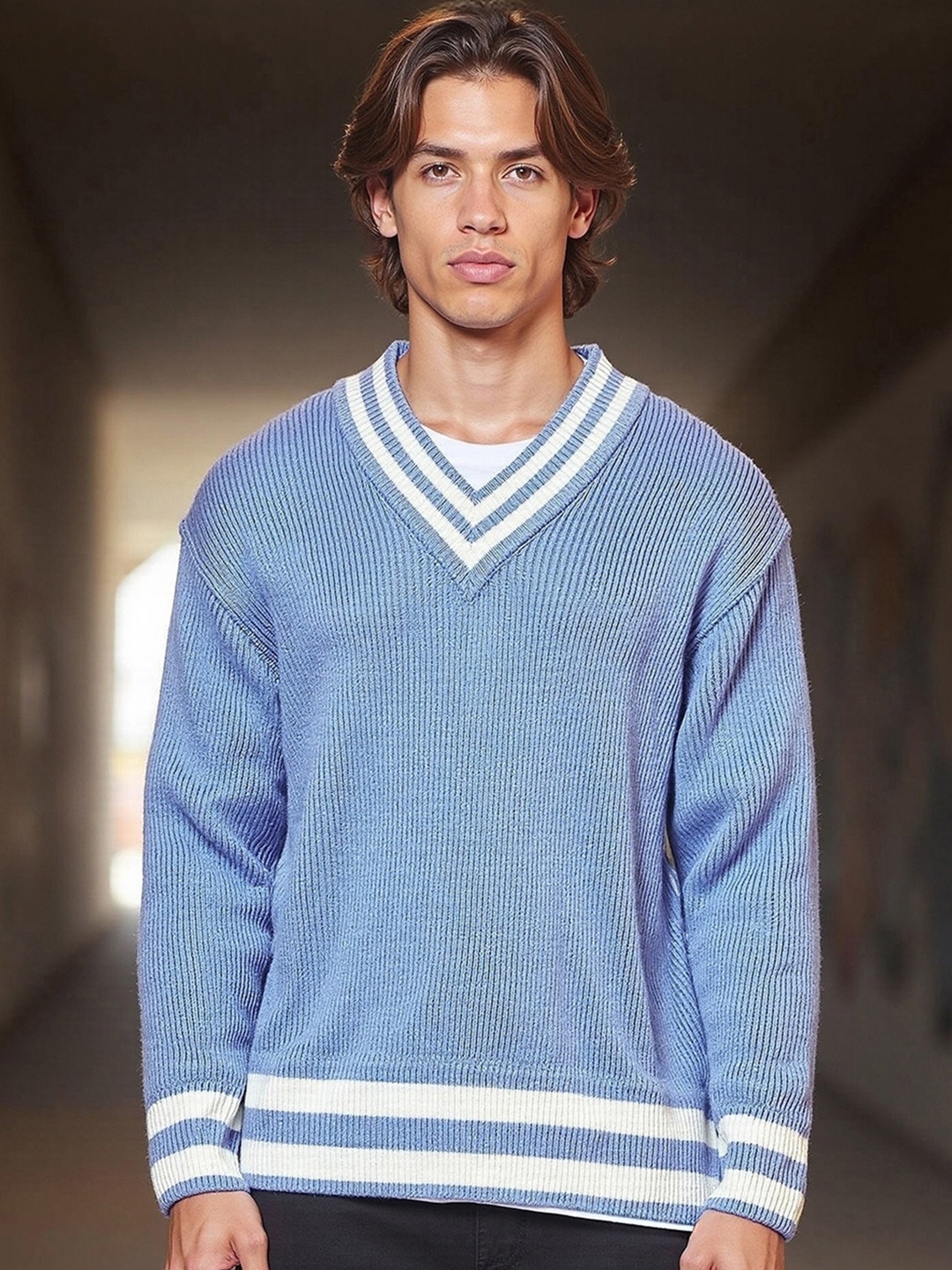 Bewakoof Ribbed V-Neck Flat Knit Acrylic Oversized Pullover, Blue