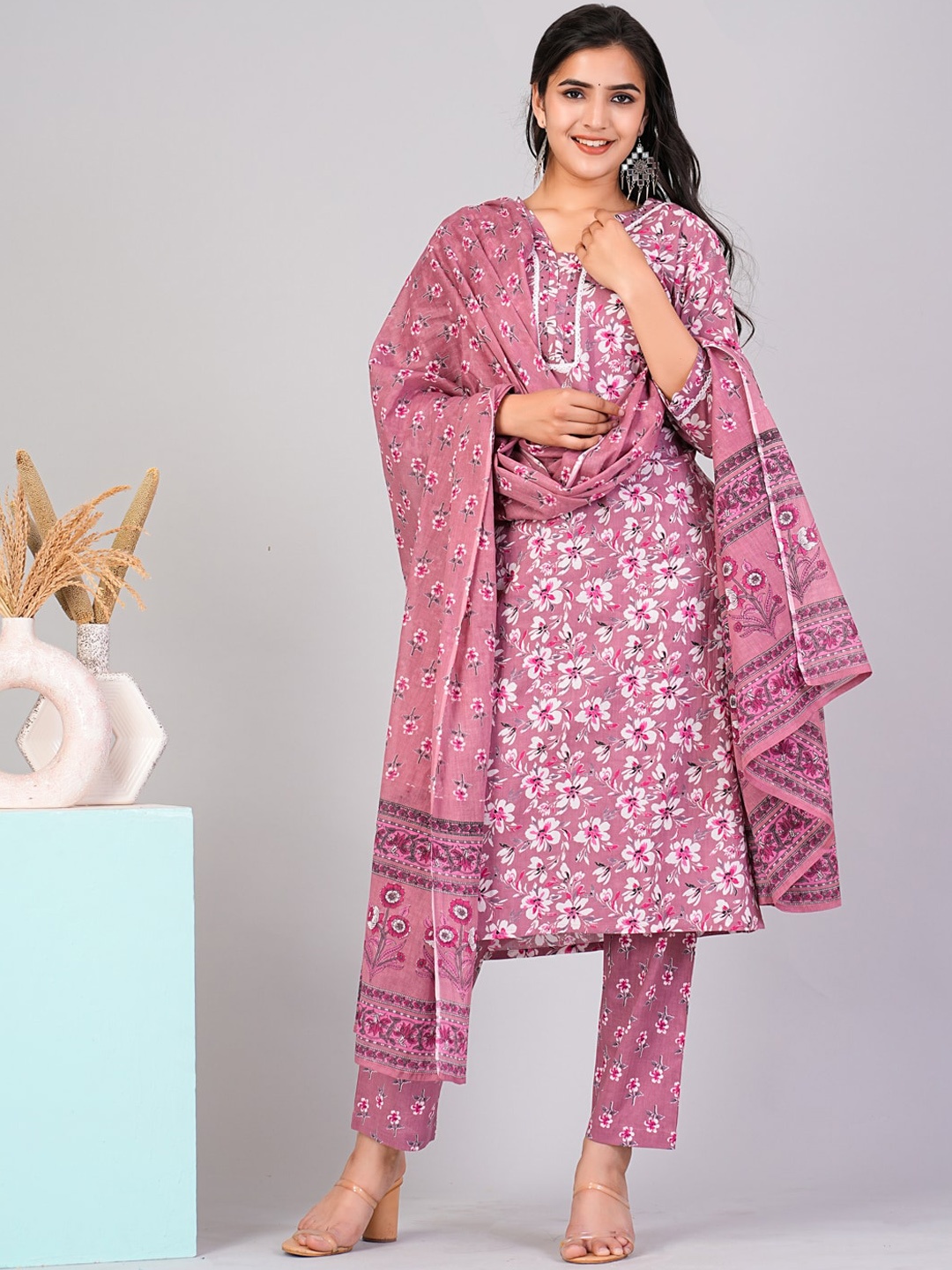 

FLAMBOYANT Floral Printed Pure Cotton Lace Kurta With Trouser & Dupatta, Mauve