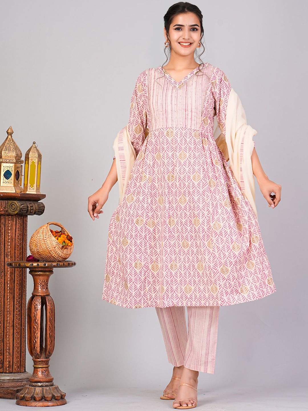 

FLAMBOYANT Ethnic Motifs Printed Pure Cotton Pleated Kurta With Trouser & Dupatta, Pink