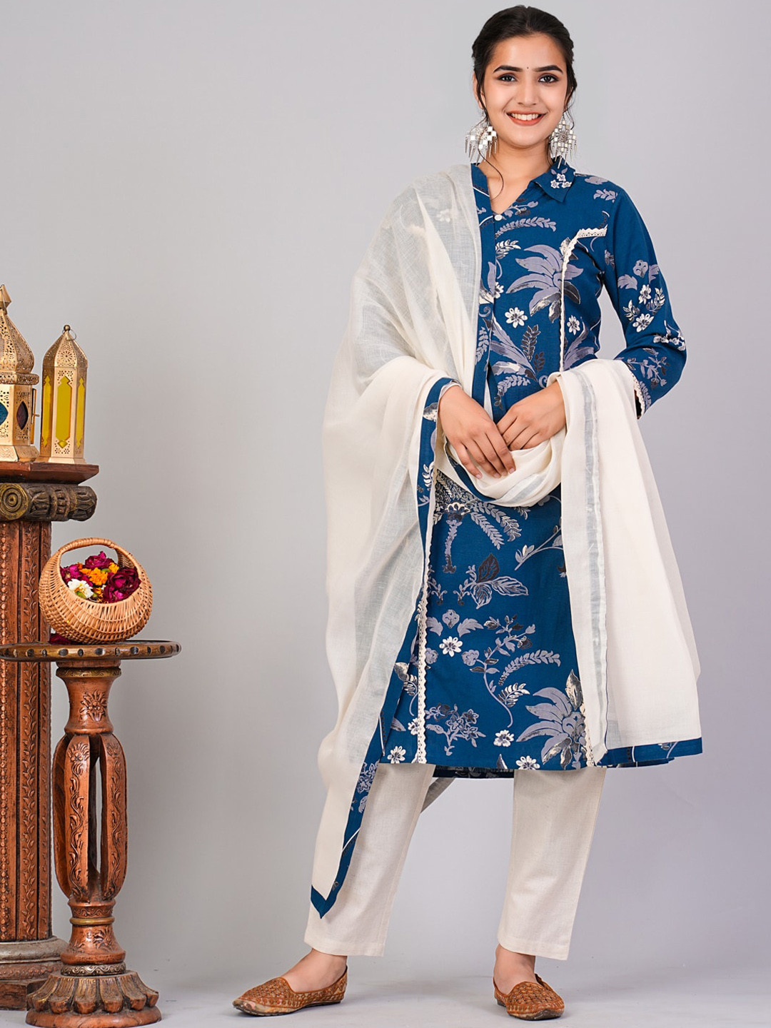 

FLAMBOYANT Floral Printed Pure Cotton Straight Kurta With Trouser & Dupatta, Blue