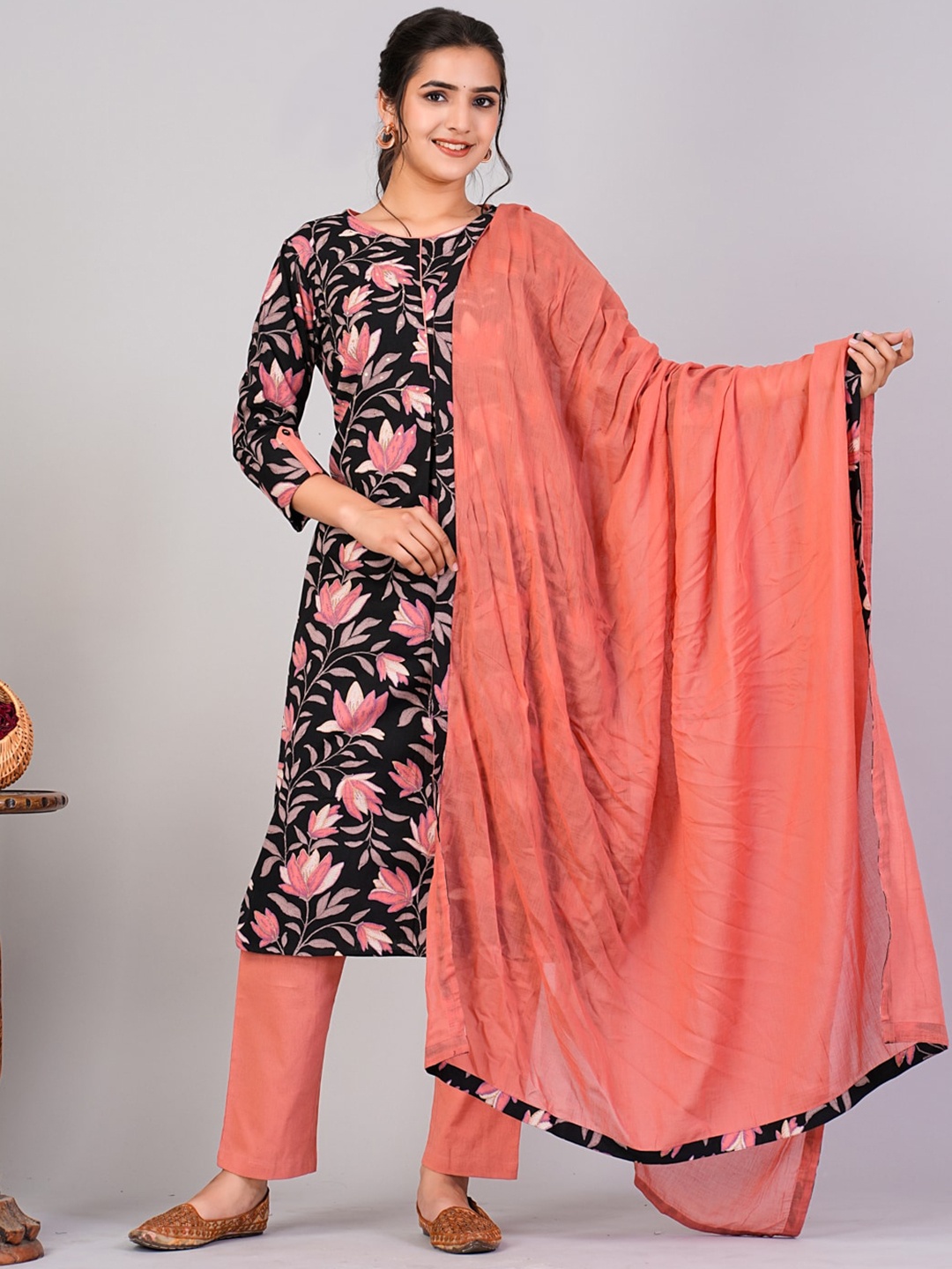 

FLAMBOYANT Floral Printed Pure Cotton Sequined Kurta With Trouser & Dupatta, Black
