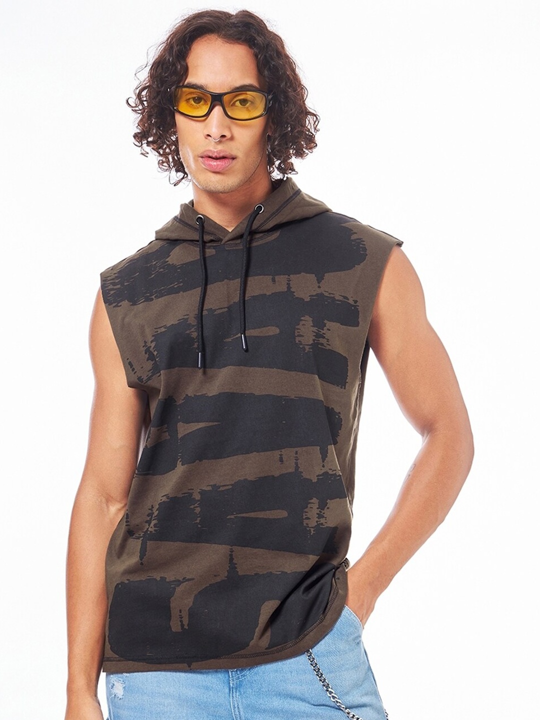 

Bewakoof Abstract Printed Hooded Sleeveless Cotton T-shirt, Brown