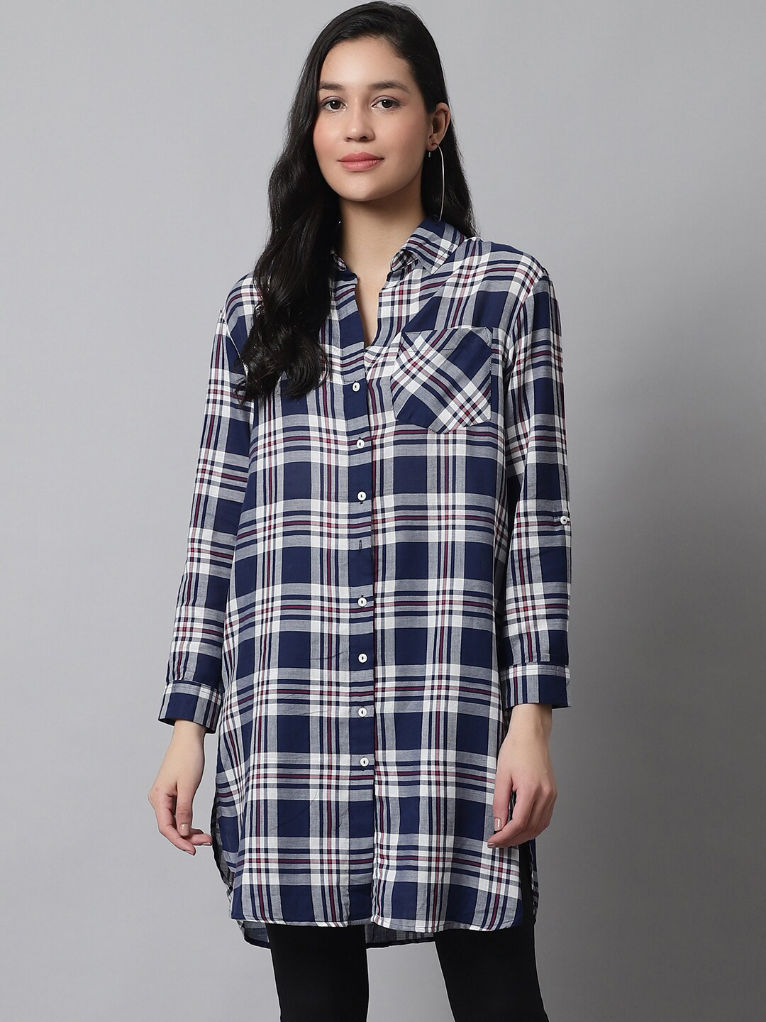 

NoBarr Checked Cuffed Sleeves Cotton Shirt Style Longline Top, Blue