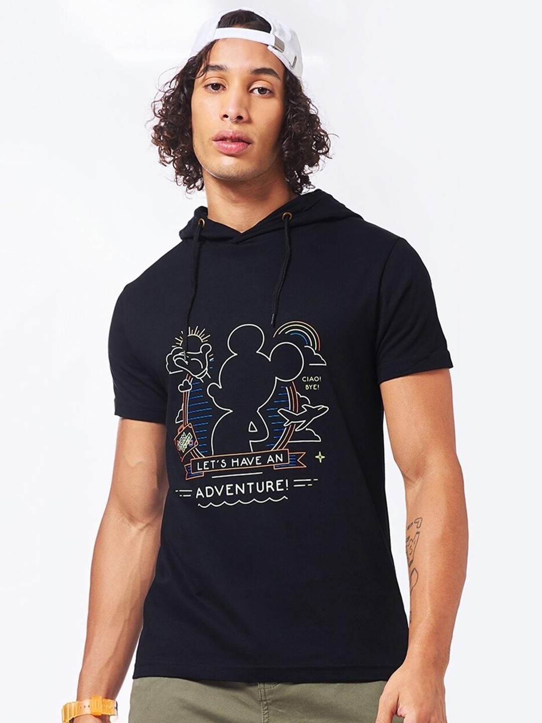 

Bewakoof Mickey Mouse Adventure Graphic Printed Hooded Cotton T-shirt, Black