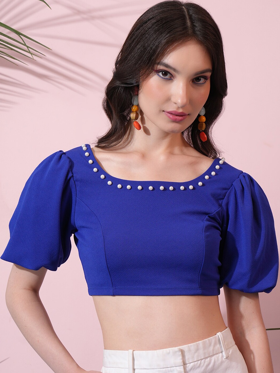 

Tokyo Talkies Blue Square Neck Studded Crop Top