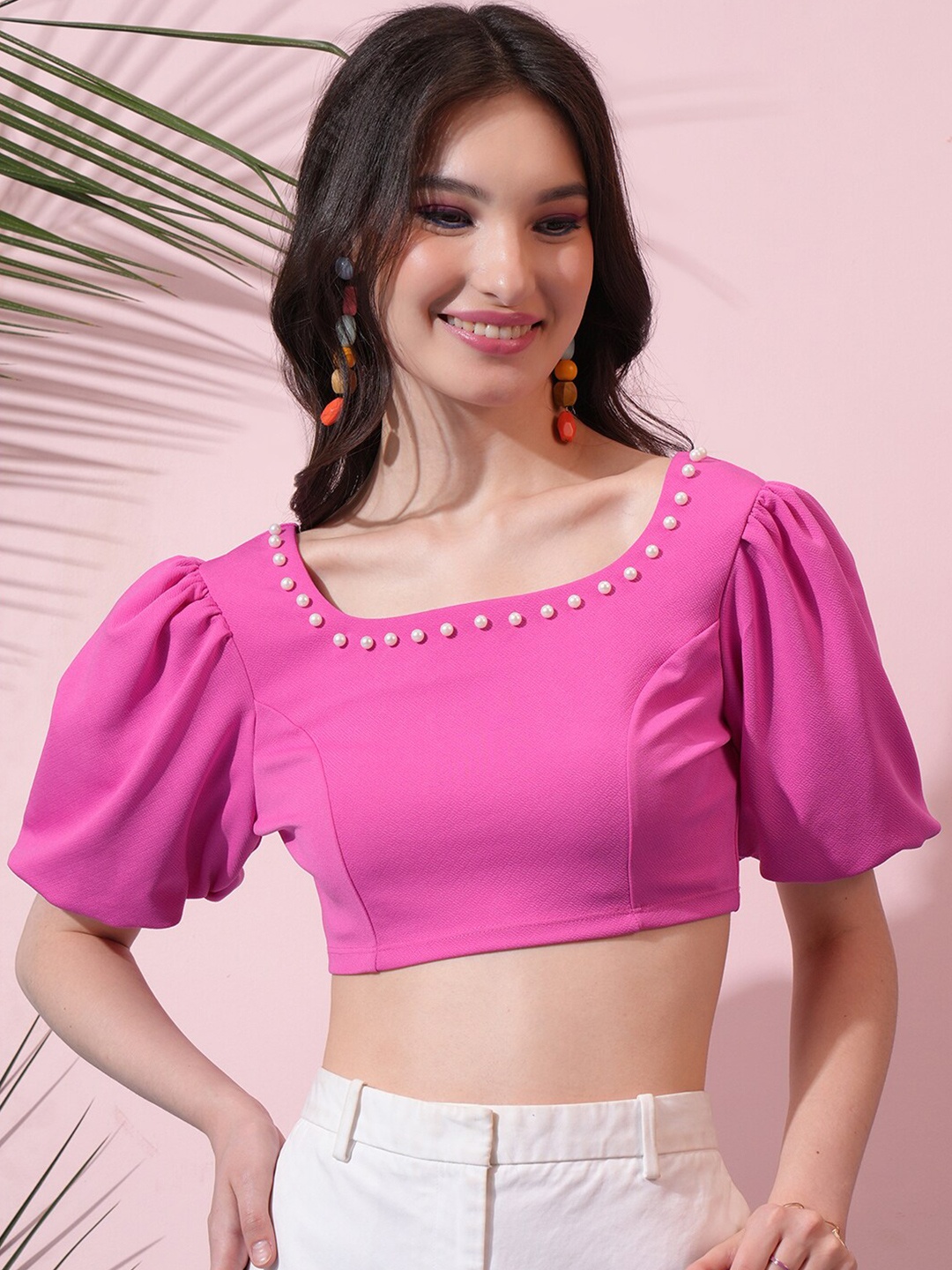 

Tokyo Talkies Square Neck Puffed Sleeve Embellished Fitted Crop Top, Pink