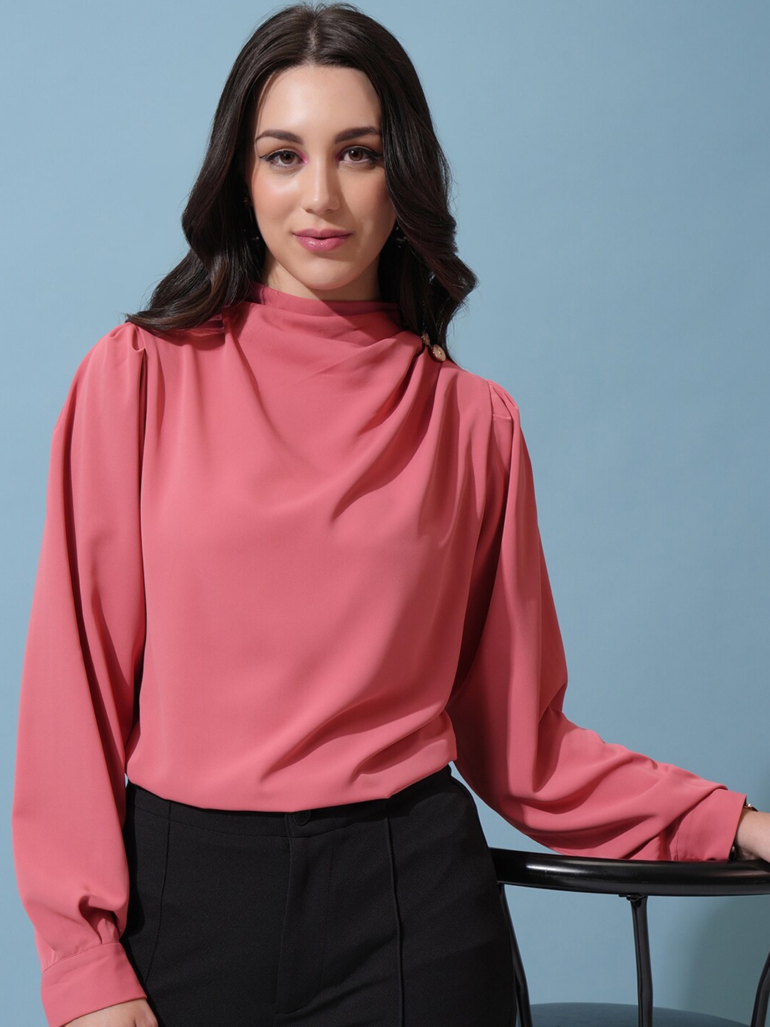 

CHIC BY TOKYO TALKIES Coral Pink High Neck Cuffed Sleeves Top