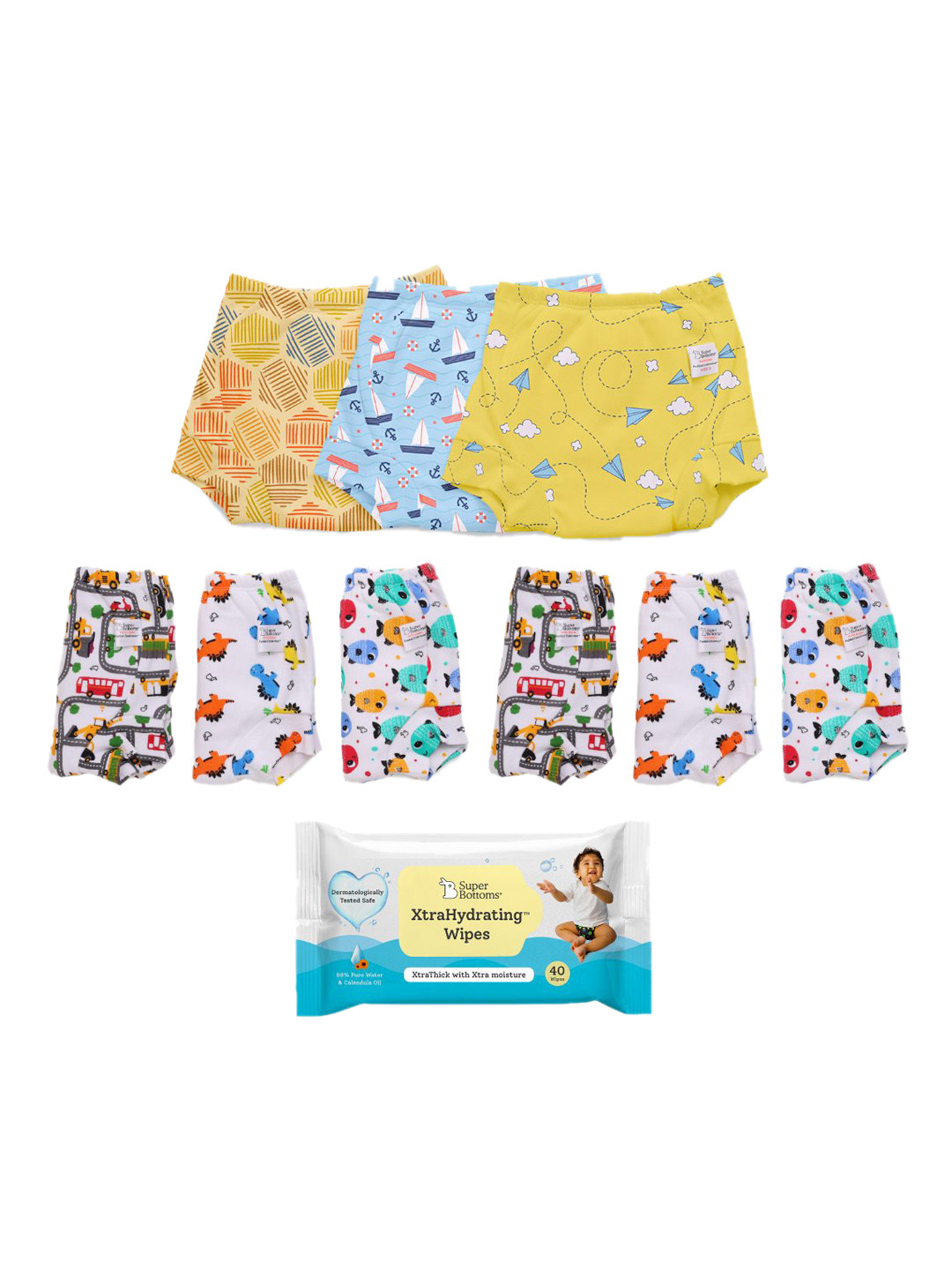 

SuperBottoms Set of 9 DryFeel Padded Underwear with 1 Xtra Hydrating Wet Wipes - 40 Wipes, Multi