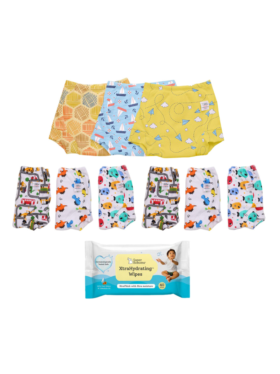 

SuperBottoms Set of 9 DryFeel Padded Underwear with 1 Xtra Hydrating Wet Wipes - 40 Wipes, Multi