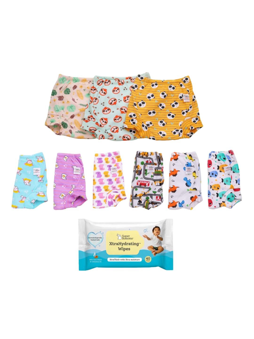 

SuperBottoms Set of 9 DryFeel Potty Training Underwear with XtraHydrating Wipes - 40 Wipes, Multi