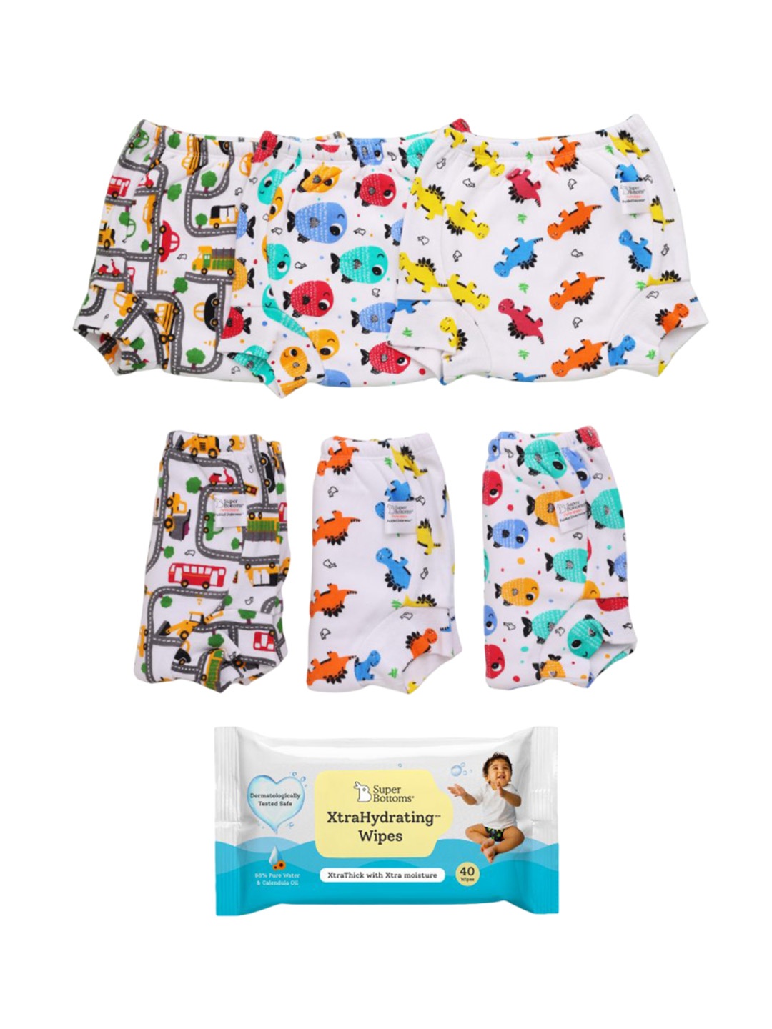 

SuperBottoms Set of 6 DryFeel Potty Training Underwear with XtraHydrating Wipes - 40 Wipes, Multi