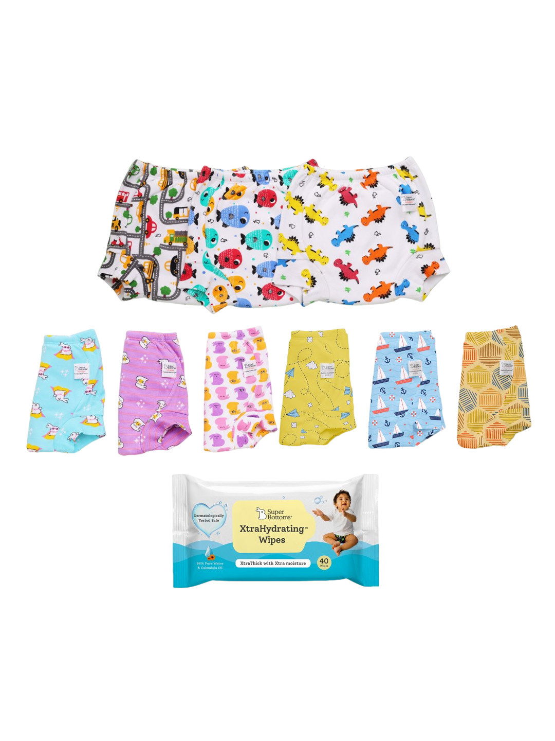 

SuperBottoms Set of 9 DryFeel Potty Training Underwear with XtraHydrating Wipes - 40 Wipes, Multi