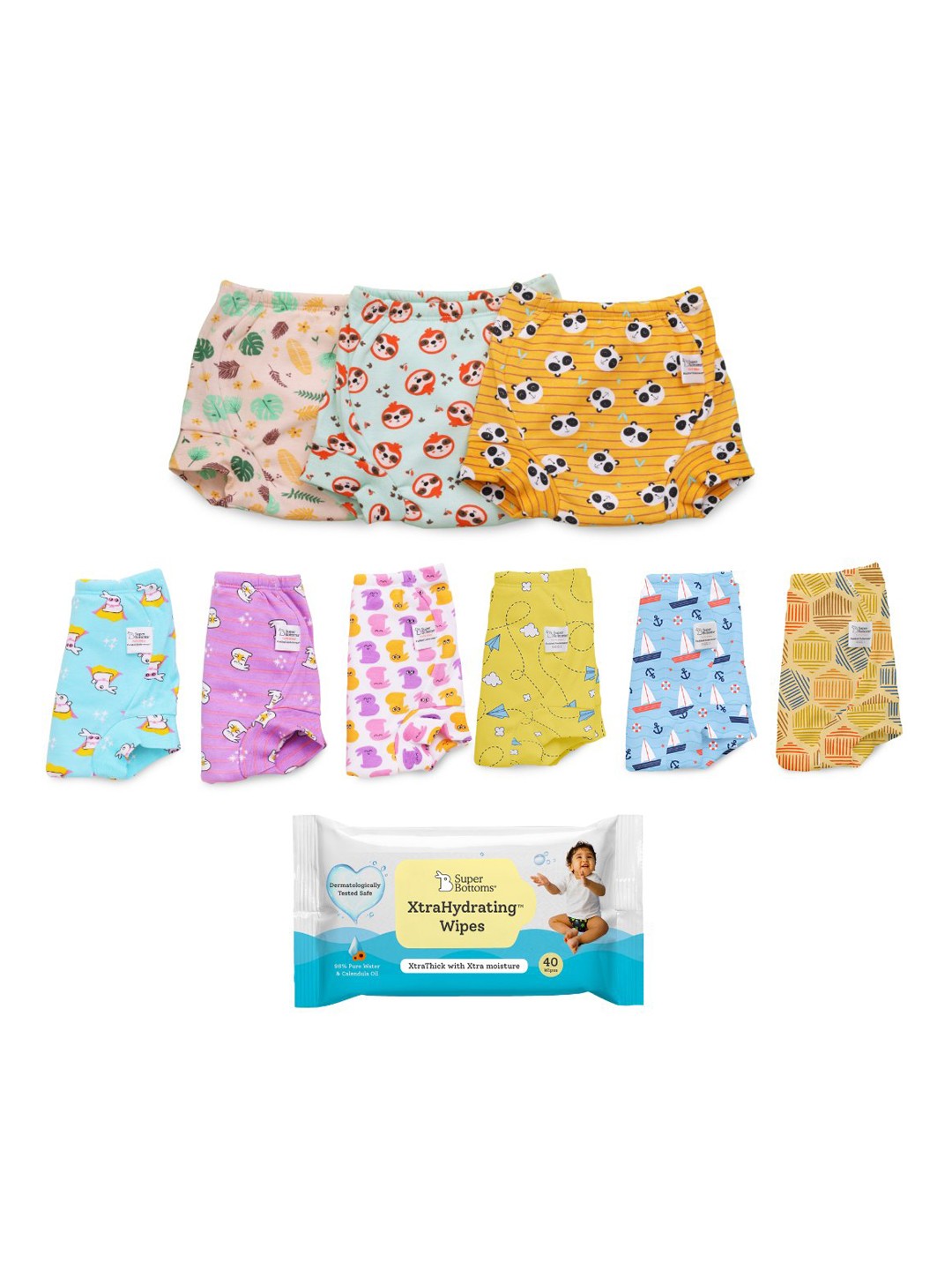 

SuperBottoms Set of 9 DryFeel Potty Training Underwear with XtraHydrating Wipes - 40 Wipes, Multi