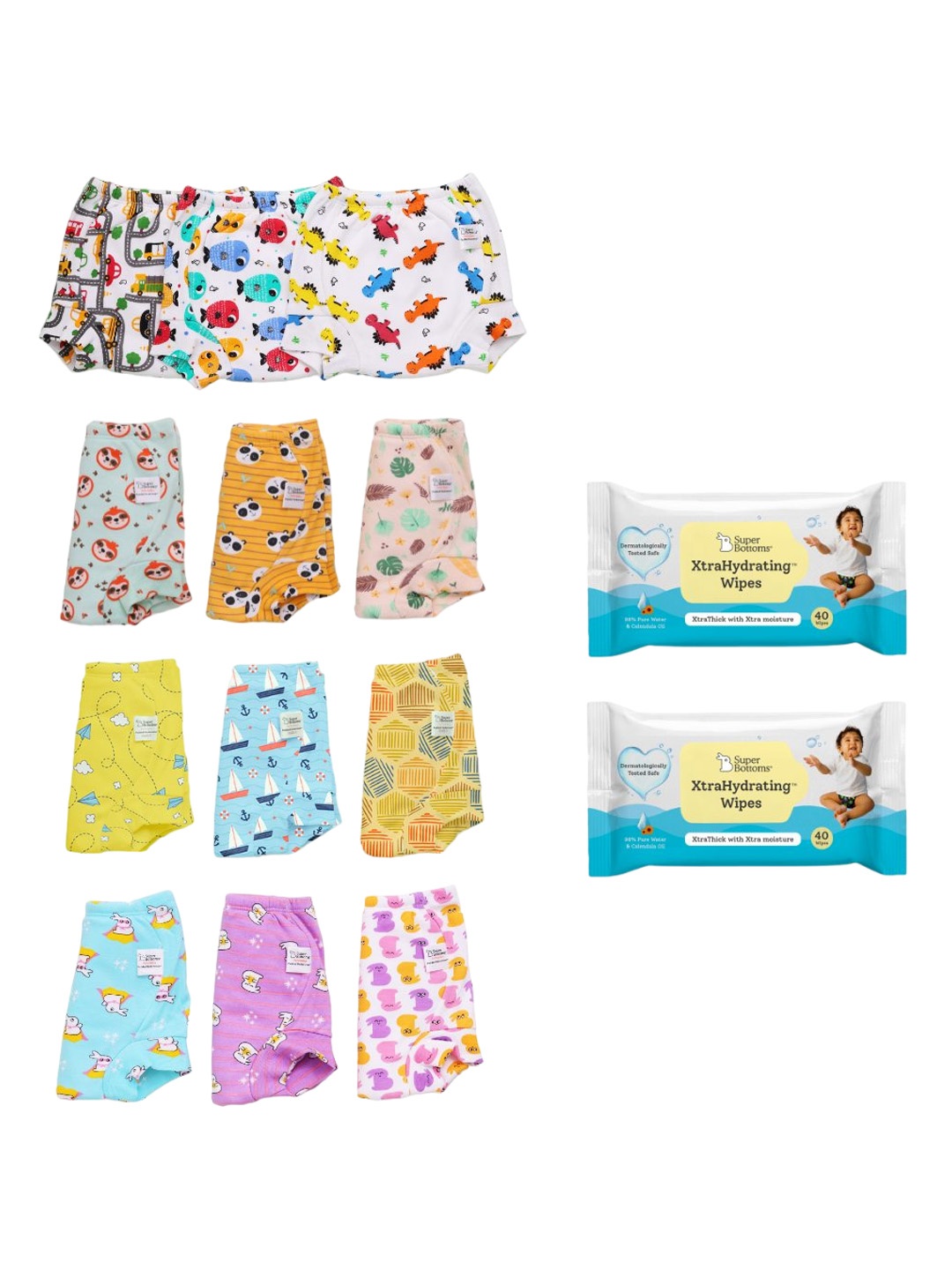 

SuperBottoms Set of 12 DryFeel Potty Training Underwear & 2 XtraHydrating Wipes - 40N each, Multi