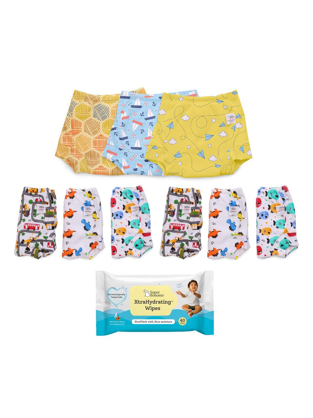 

SuperBottoms Set of 9 DryFeel Potty Training Underwear with XtraHydrating Wipes - 40 Wipes, Multi