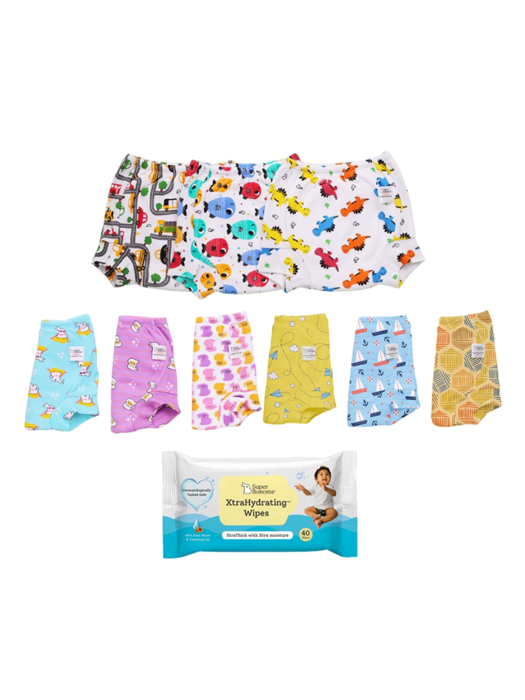 

SuperBottoms Set of 9 DryFeel Potty Training Underwear with XtraHydrating Wipes - 40 Wipes, Multi