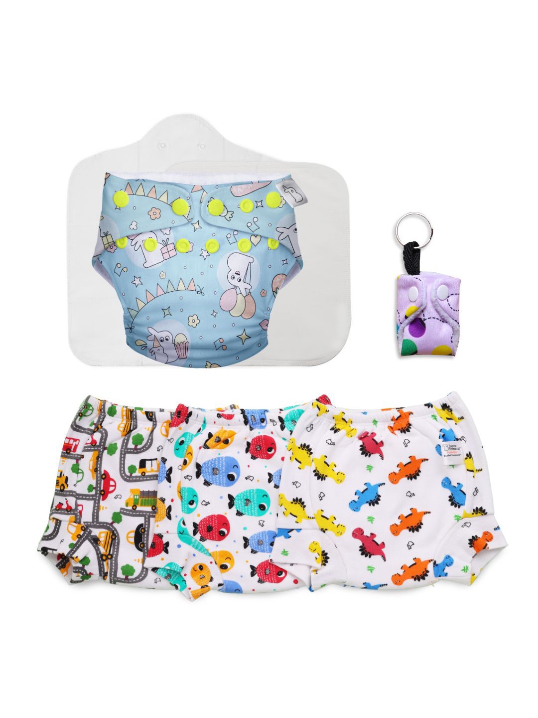 

SuperBottoms Set Of 3 Printed Cotton Diapers With Key Chain, White