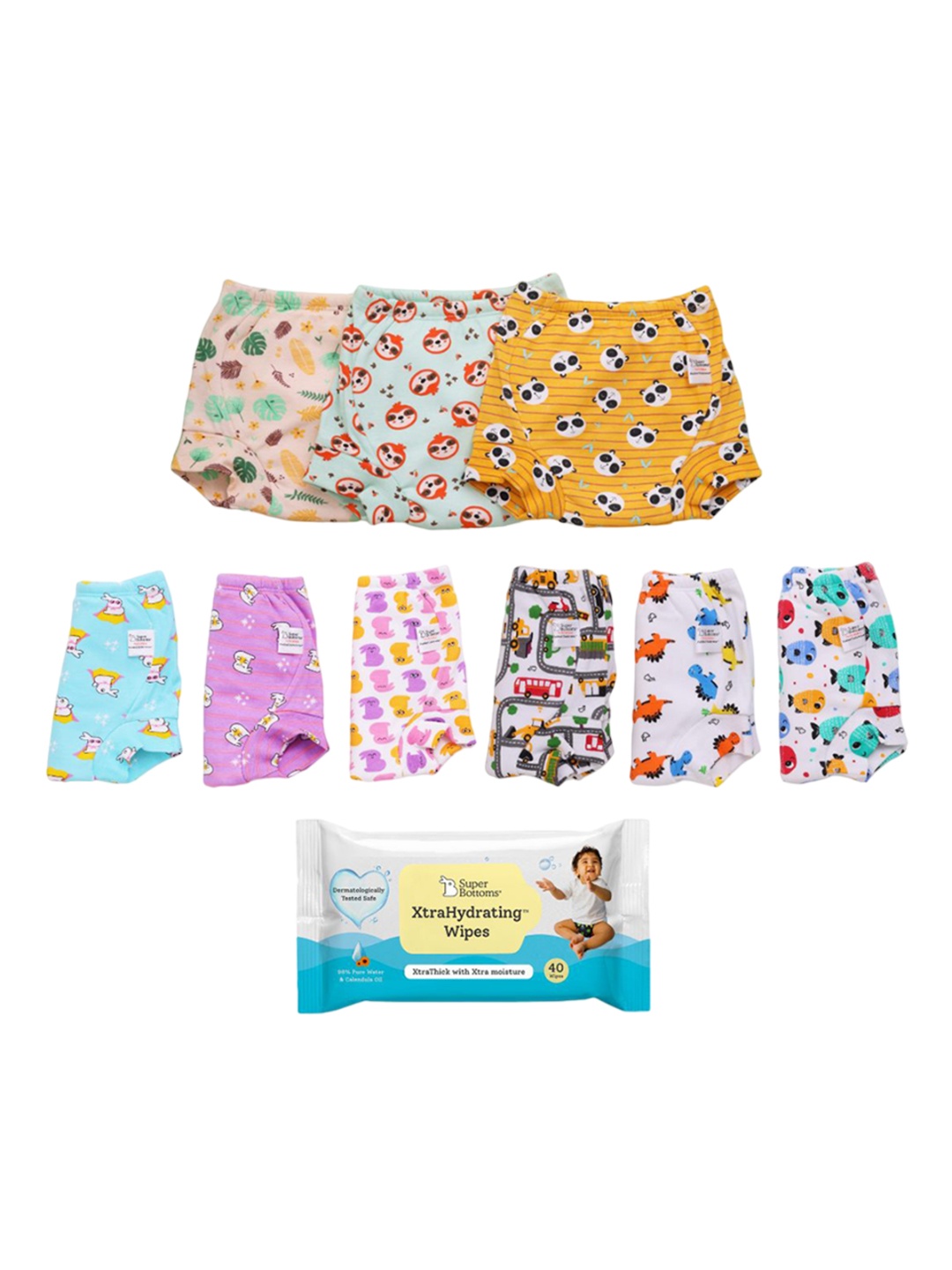 

SuperBottoms Set Of 9 Printed Cotton Diapers With Wipes - 40 Pcs, Multi