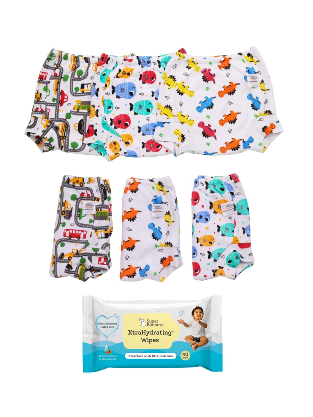 

SuperBottoms Set Of 6 Padded Underwear With Xtra Hydrating Wet Wipes - 40 Wipes, White