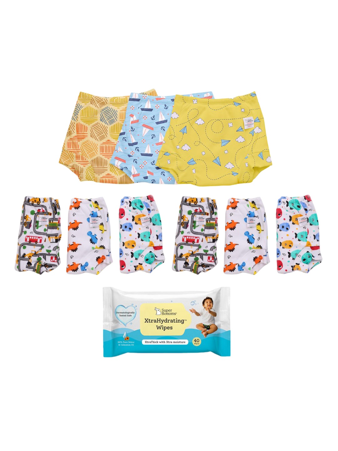 

SuperBottoms Set Of 9 Printed Cotton Diapers With Wipes - 40 Pcs, White