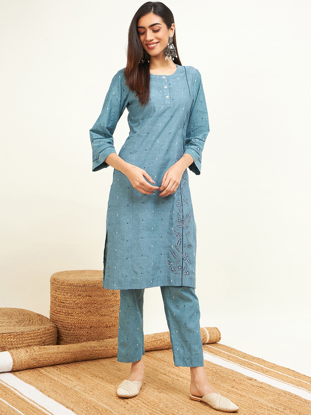 

STADO Regular Pure Cotton Kurta With Trousers, Blue