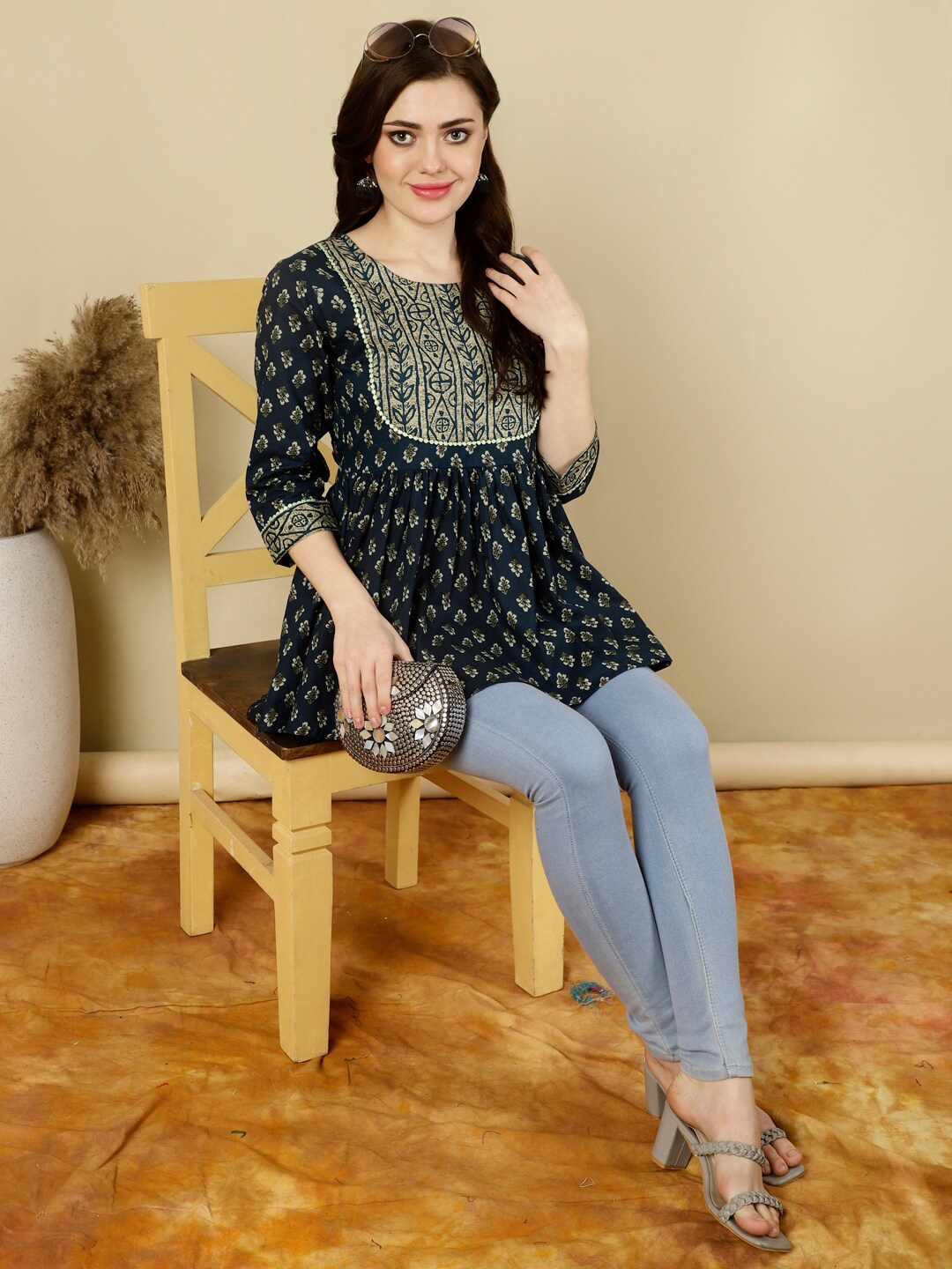 

NISHABD Floral Print Regular Sleeve Cotton Empire Top, Blue