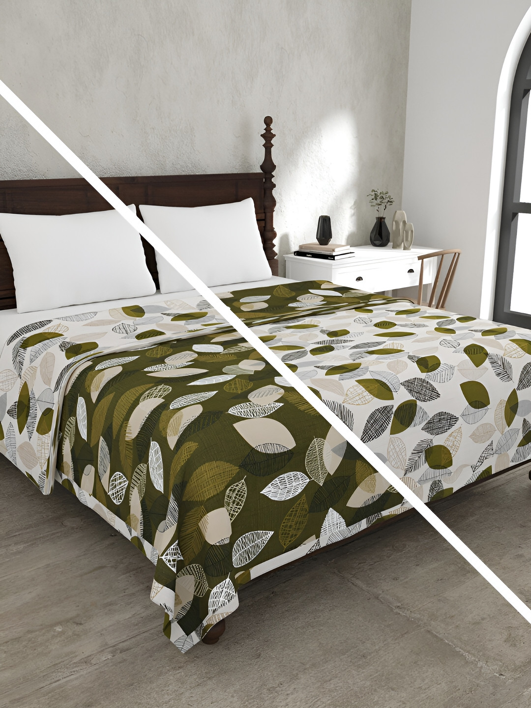 

JAIPUR FABRIC Autumn Fall Green & Beige Floral 150 GSM Cotton Double Bed Reversible Dohar