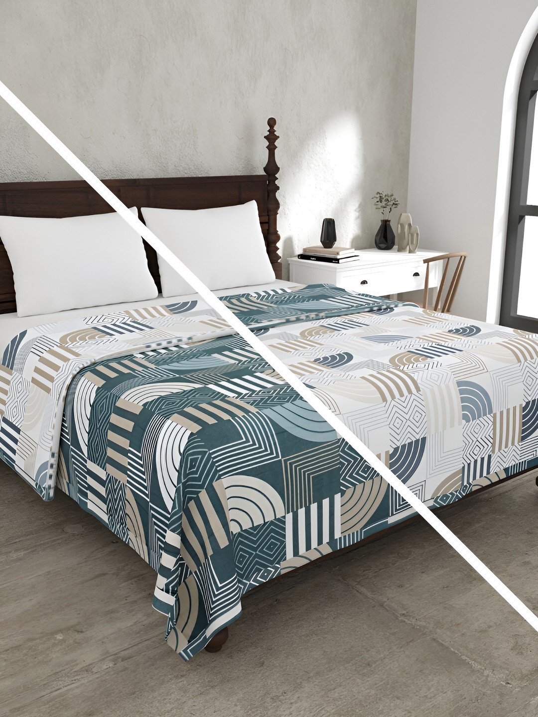 

JAIPUR FABRIC Green & White Geometric 150 GSM Cotton Reversible Double Bed Dohar
