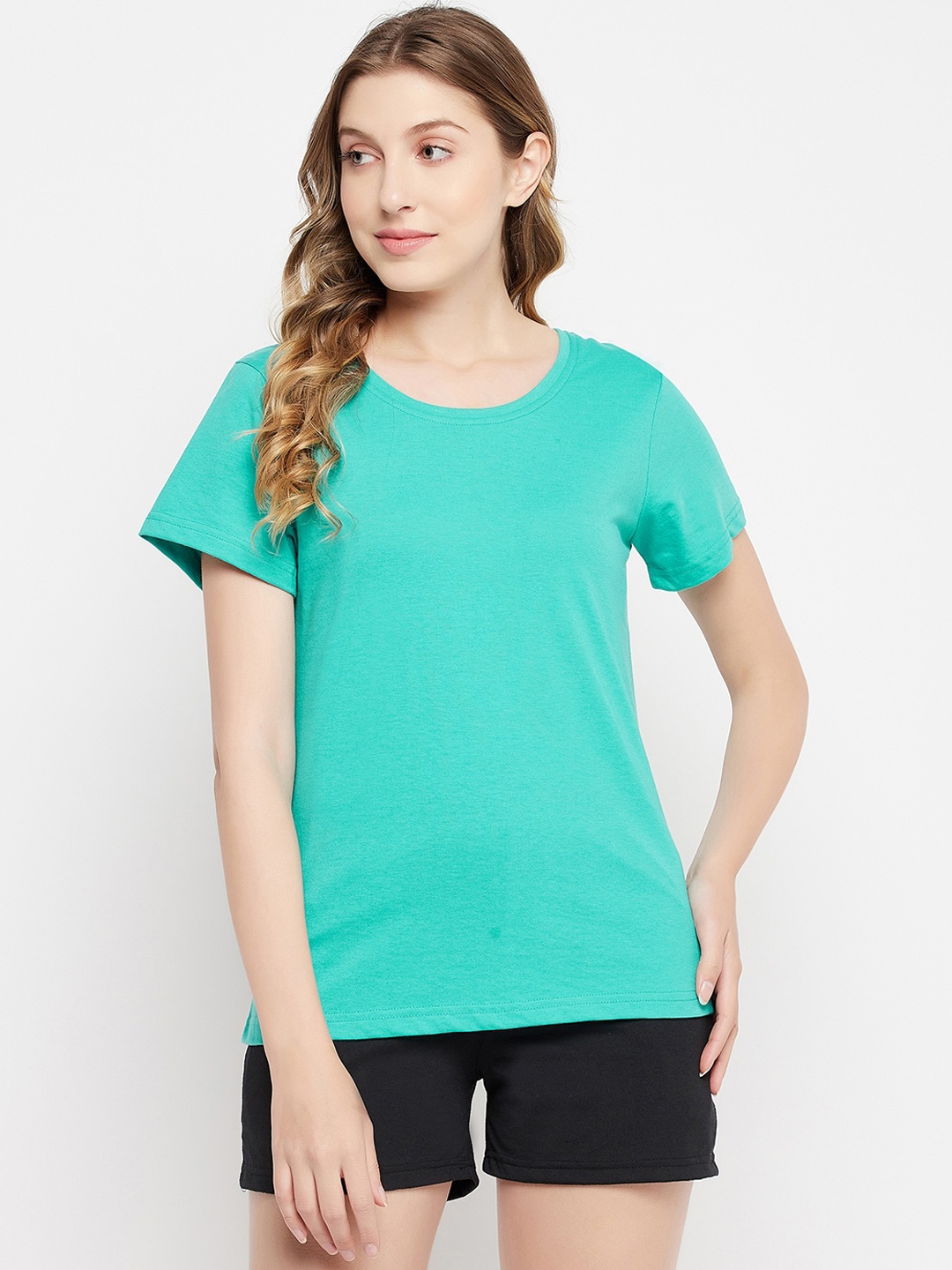 

Clovia Round-Neck Cotton Lounge T-Shirt, Sea green