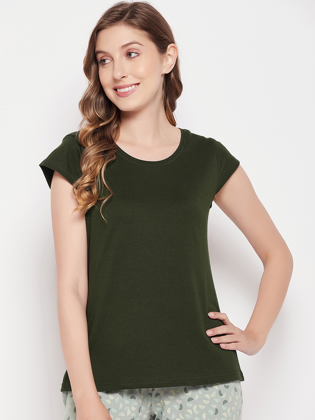 

Clovia Short Sleeves Cotton Lounge T-shirt, Olive