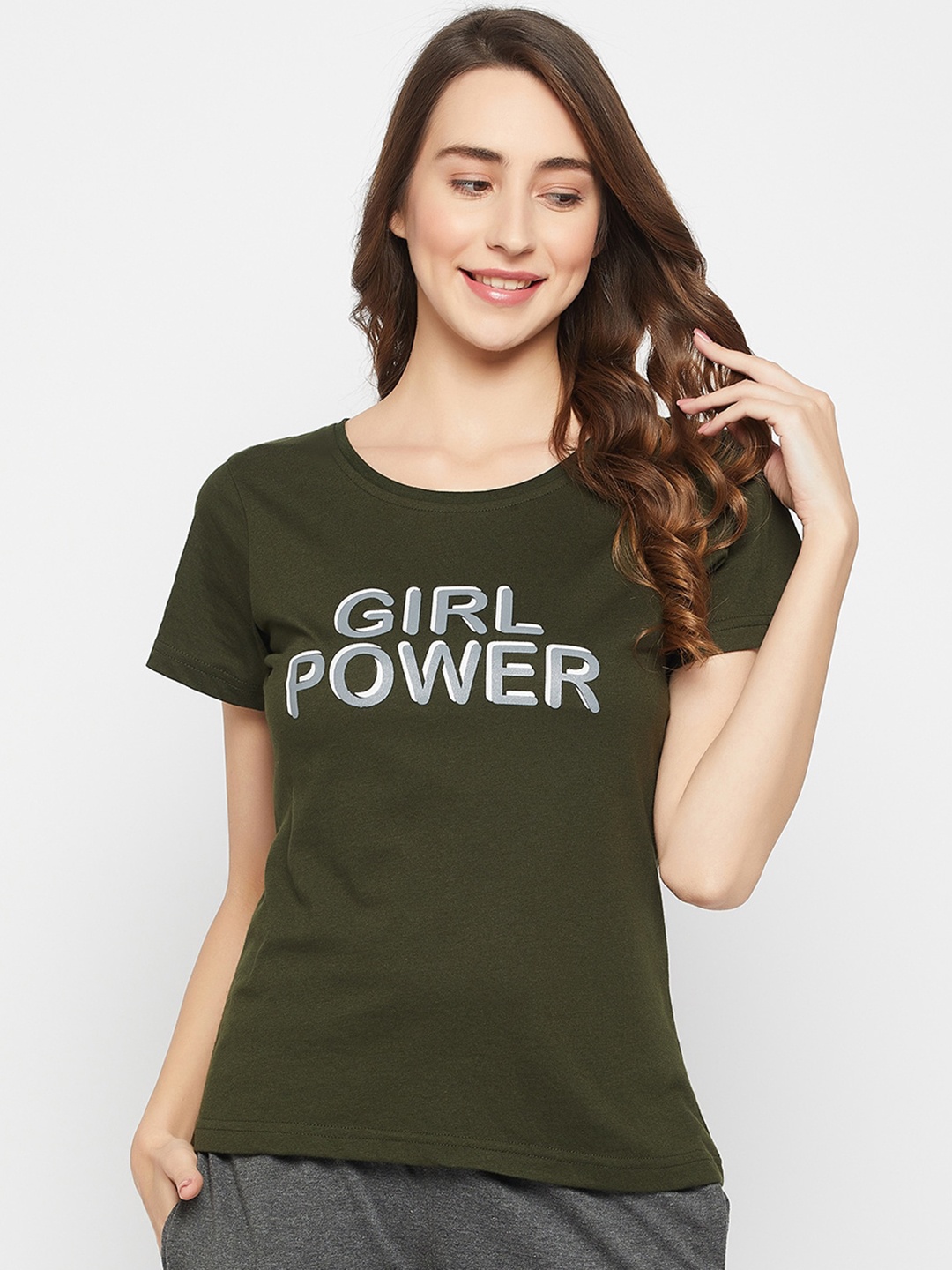 

Clovia Typography Printed Cotton Lounge T-Shirt, Green
