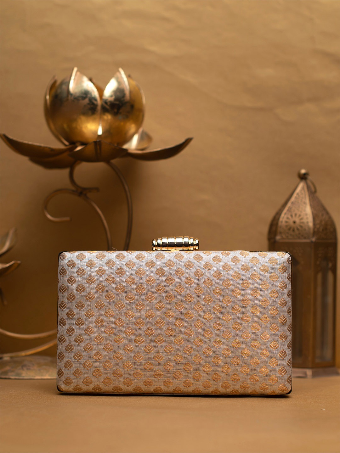 

ARTKLIM Embroidered Brocade Box Clutch, Beige