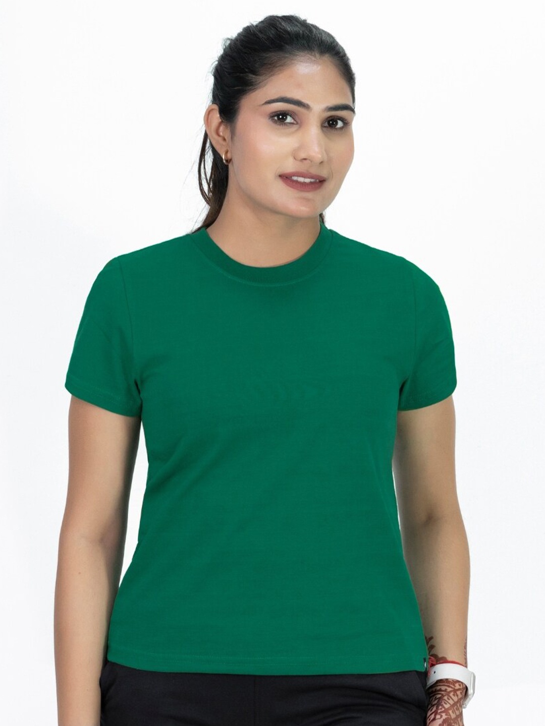 

FLURR Round Neck Short Sleeves Pure Cotton T-shirt, Green