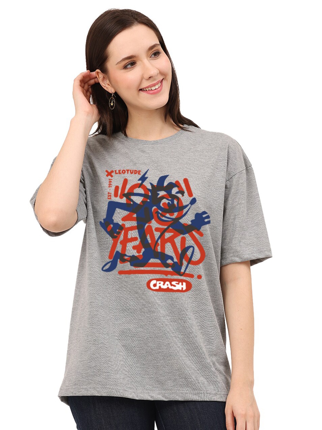 

Leotude Typography Printed Drop-Shoulder Sleeves Oversized Cotton T-shirt, Grey