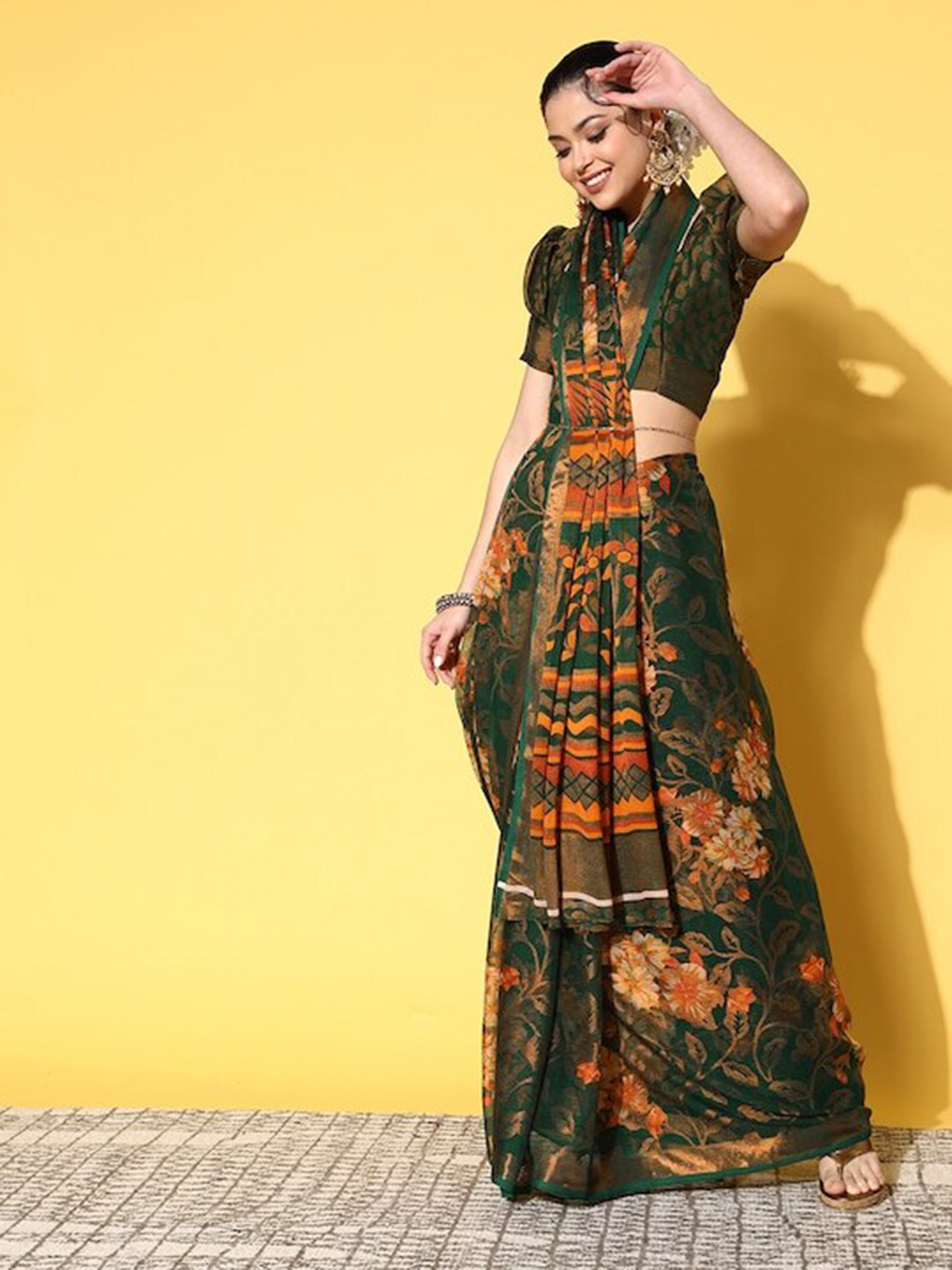 

Mitera Green Floral Printed Zari Pure Chiffon Saree
