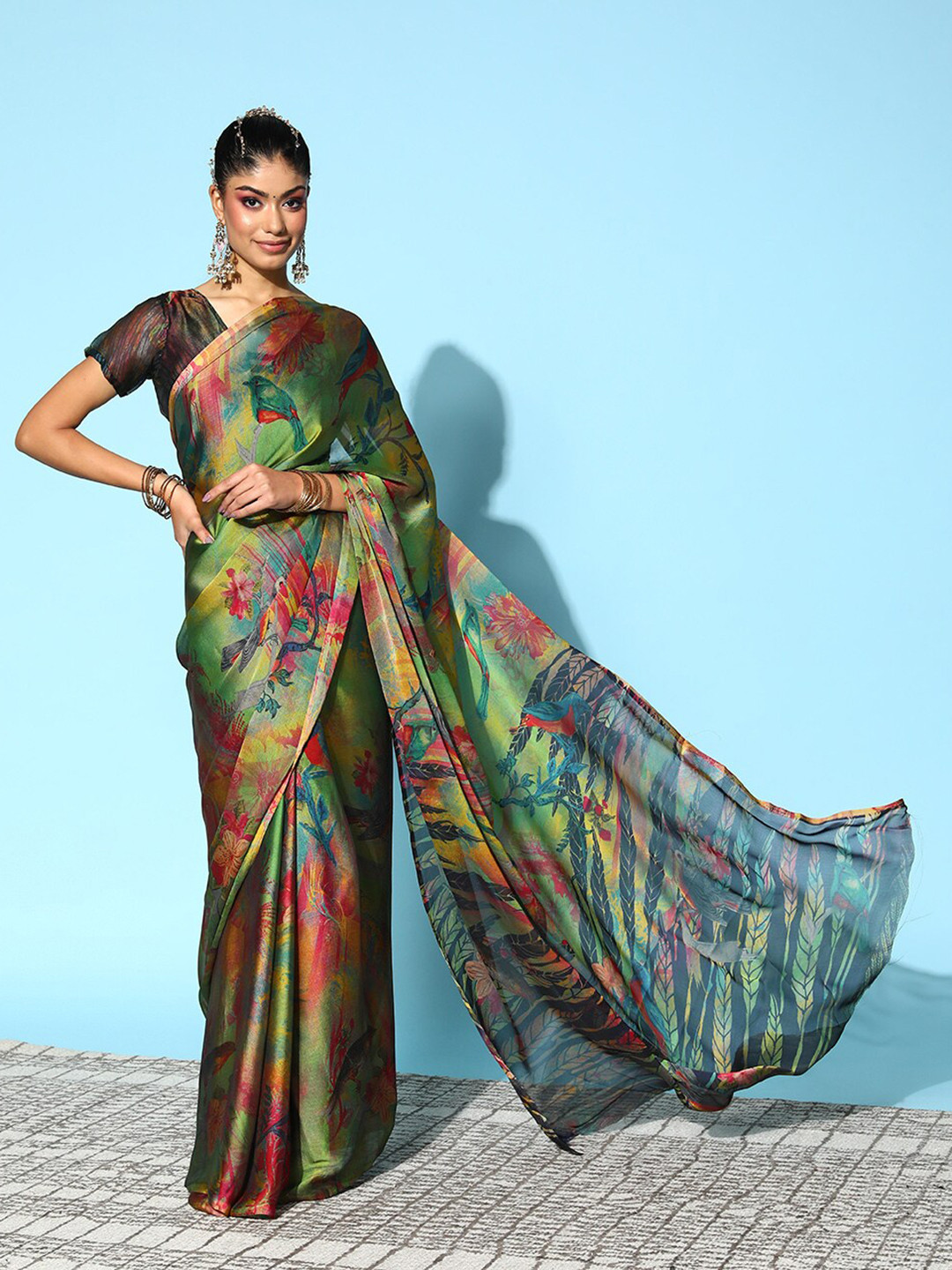 

Mitera Floral Printed Party Wear saree, Green