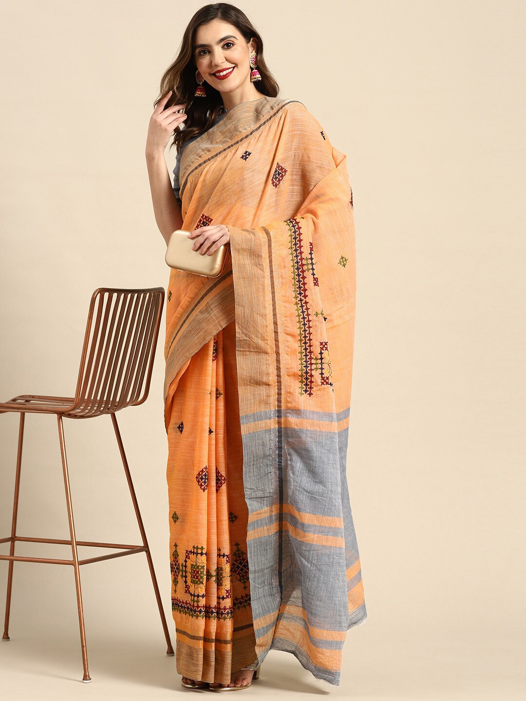 

Mitera Floral Embroidered Pure Linen Saree, Orange