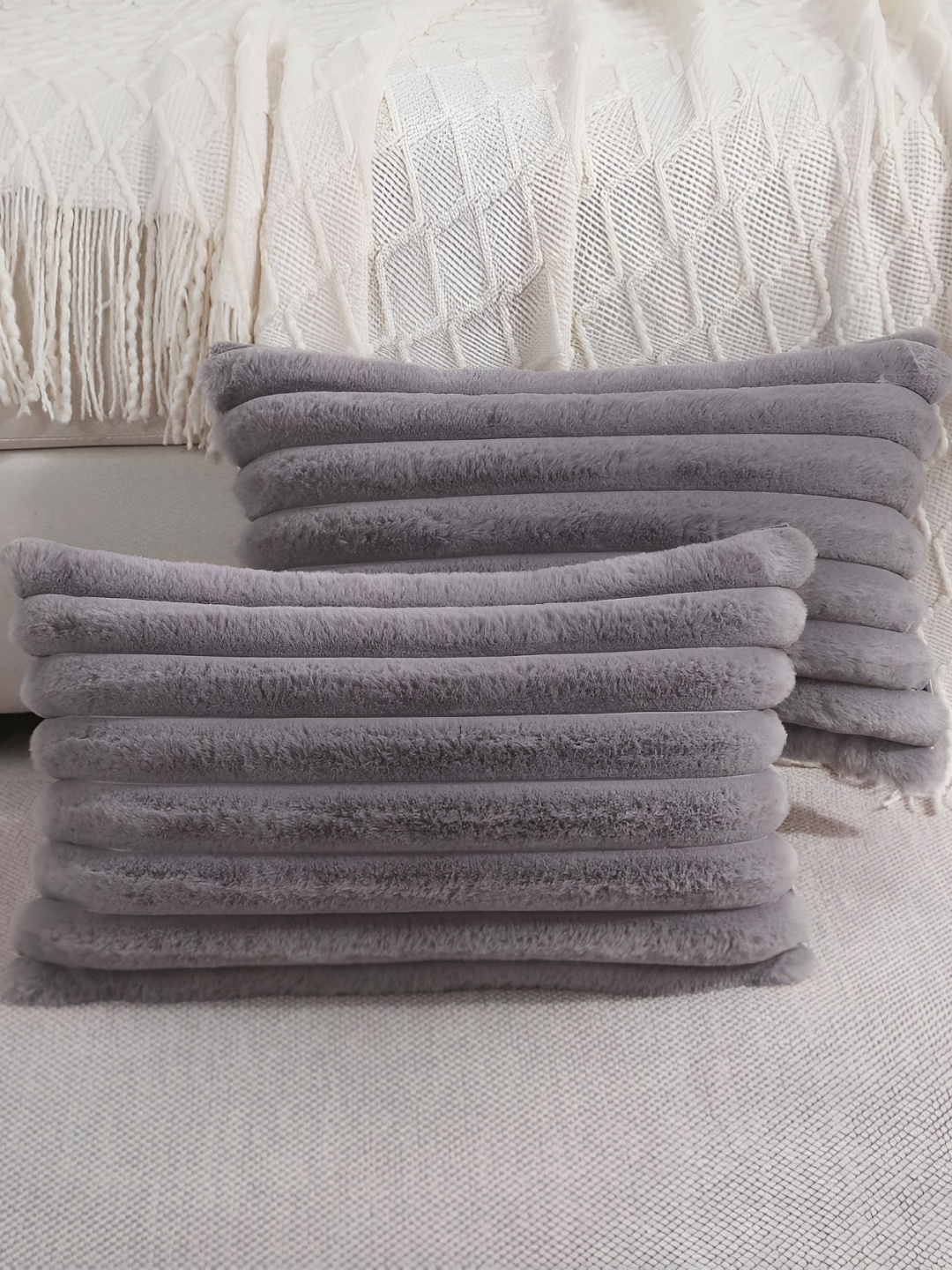 

TANLOOMS Grey 2 Pieces Striped Velvet Rectangle Cushion Covers