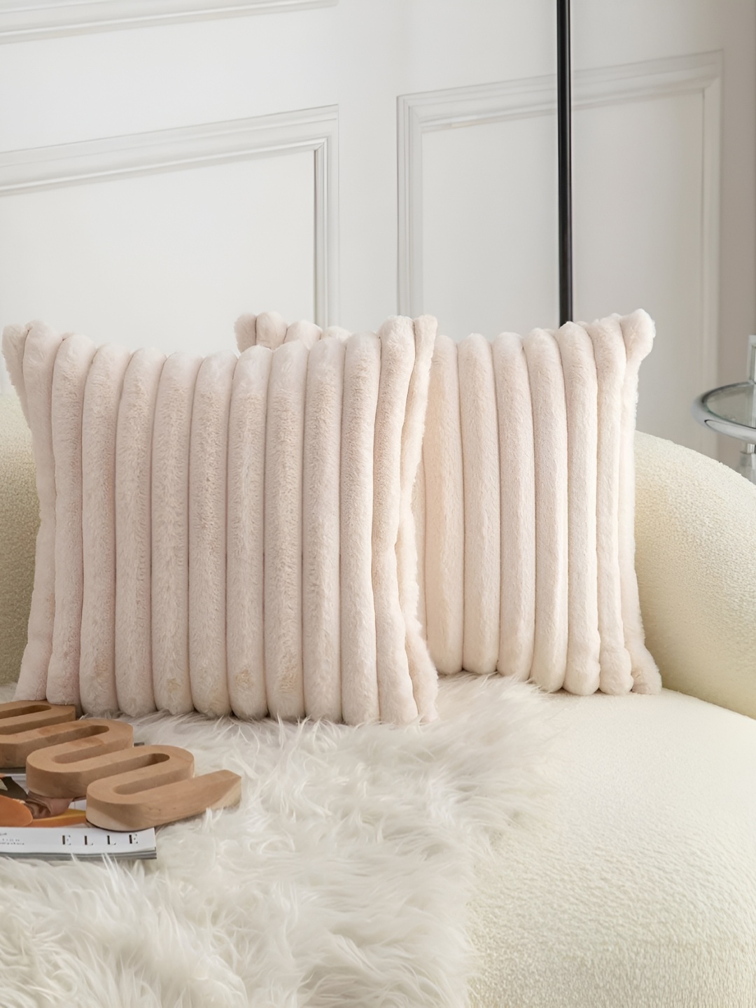 

TANLOOMS Cream-Coloured 2 Pieces Striped Velvet Square Cushion Covers
